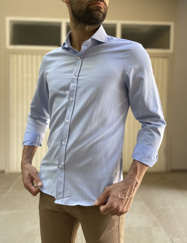 Ανδρικό σιέλ ριγέ πουκάμισο με γιακά 1820 φωτογραφία